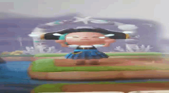 a cartoon character wearing a pirate hat and a blue skirt is standing next to a body of water .