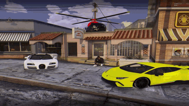 a man sits in front of a barber shop with a helicopter flying overhead