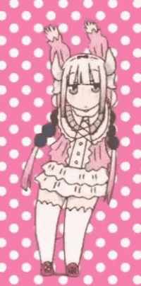 a cartoon of a girl dancing on a pink polka dot background .