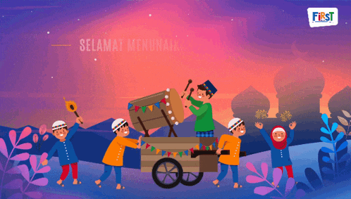 a cartoon illustration of a group of children with a first logo in the upper left corner