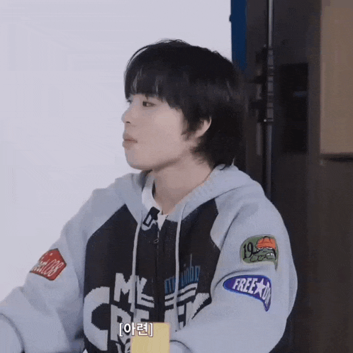 a young boy wearing a hoodie with a lot of patches on it