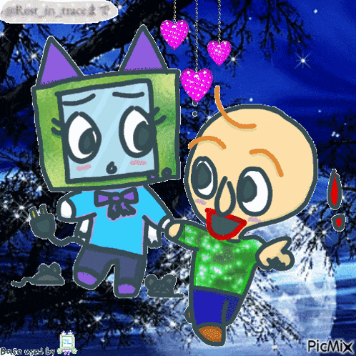 a cartoon drawing of a boy and a girl with hearts hanging from trees