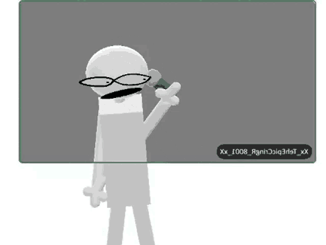 a cartoon character wearing glasses is standing in front of a blackboard holding a microphone .
