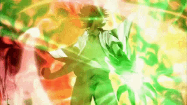 a man is standing in front of a colorful background with a green light coming out of his eyes .