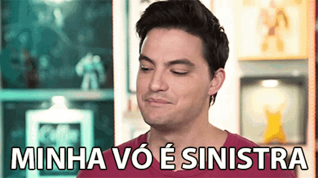a man in a red shirt with the words minha vo e sinistra on his face