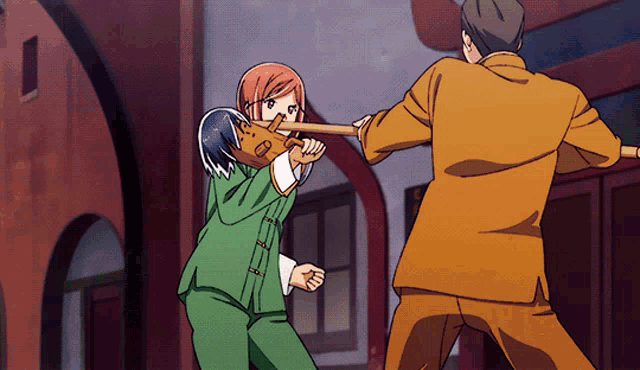a cartoon of a man and woman fighting with a stick