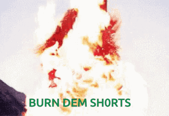 a woman in a red dress is on fire and the words burn dem shorts are above her