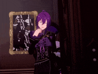 a purple haired anime character with the letter h on his hat