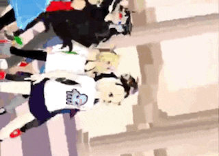 a group of people are standing on top of each other in a room .