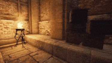 a room with brick walls and a few boxes