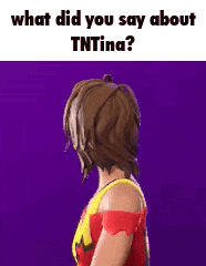 a woman is standing in front of a purple background and asking what did you say about tntina ?