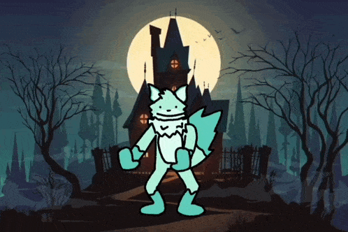 a cartoon drawing of a fox standing in front of a haunted house