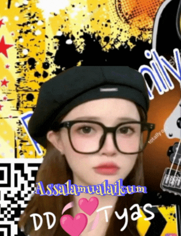 a girl wearing glasses and a black hat with the words " assalamualaikum dd tyas " on the bottom