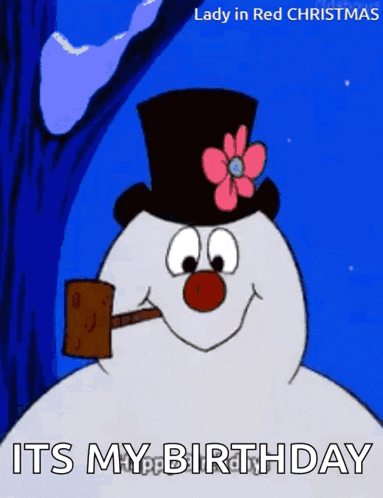 frosty the snowman from lady in red christmas is wearing a top hat and holding a pipe