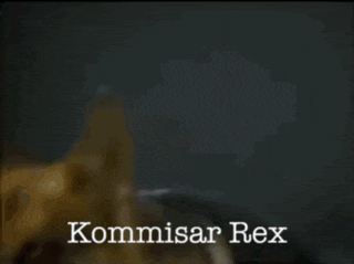 a man in a suit is standing in front of a dinosaur and the words " commissar rex " are on the screen