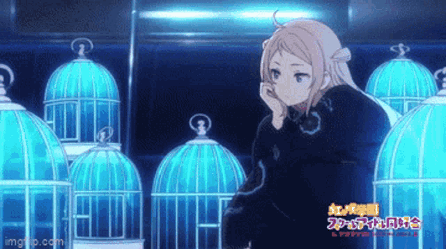 a girl is standing in front of a bunch of blue cages with a watermark that says imgflip.com