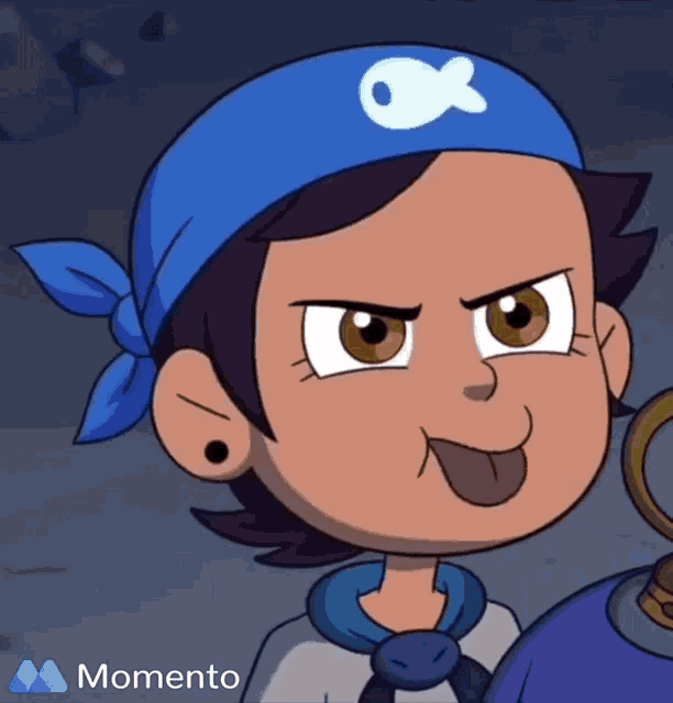 a cartoon character wearing a blue bandana with an fish on it