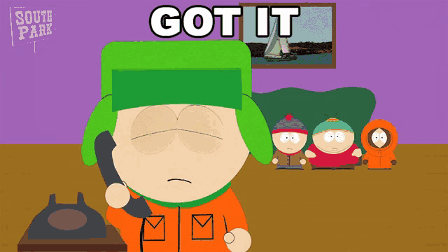 a cartoon of south park characters talking on a phone