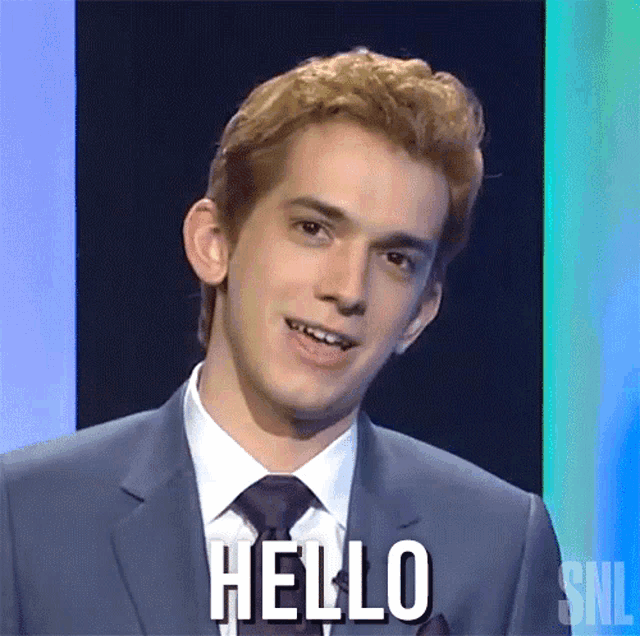 a man in a suit and tie says hello in white letters