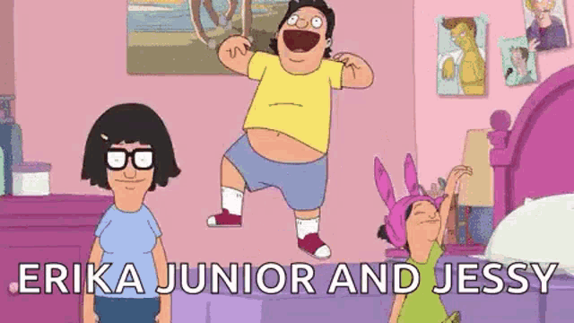 a cartoon of bob 's burgers characters , erika junior and jessy , are dancing in a bedroom .