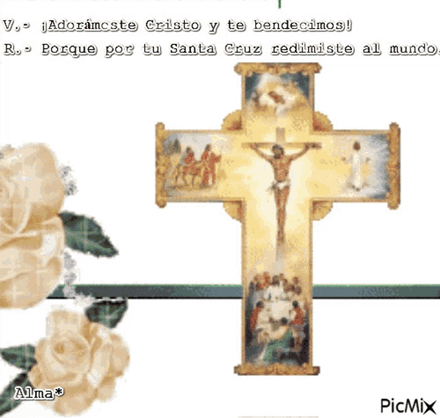 a cross with a picture of jesus on it and the words " adoramoste cristo y te benedicimos "