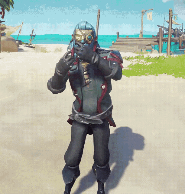 a video game character is standing on a beach with a pirate mask on his face