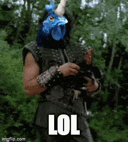 a man with a blue chicken on his head holding a chicken with the words lol written on it