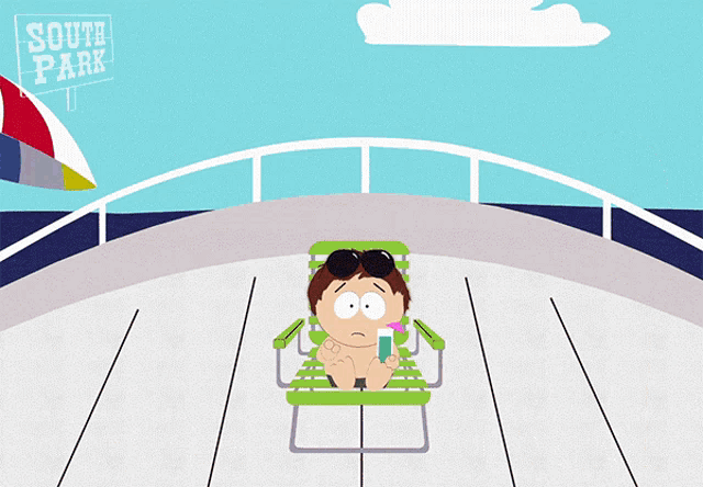 a cartoon of a man sitting in a chair with an umbrella that says south park on it