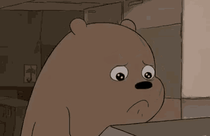 a cartoon bear with a sad look on his face and the words `` perche '' written above him .