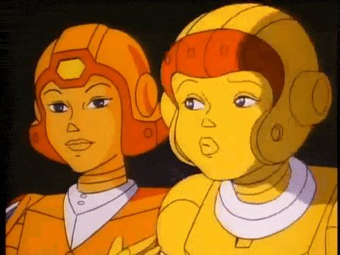 two cartoon characters are standing next to each other and looking at each other .