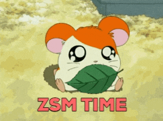 a picture of a hamster holding a green leaf and the words zsm time
