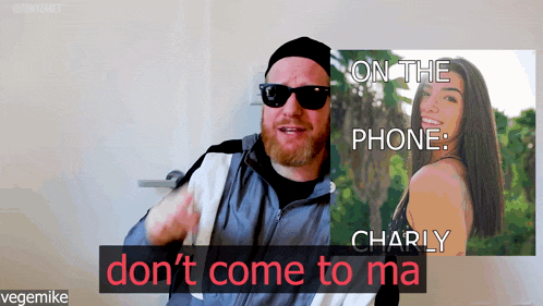 a bearded man wearing sunglasses and a black hat is standing next to a picture of charly