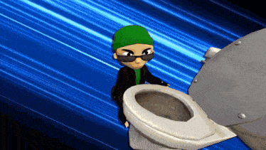 a cartoon character wearing sunglasses and a green hat is standing in front of a toilet
