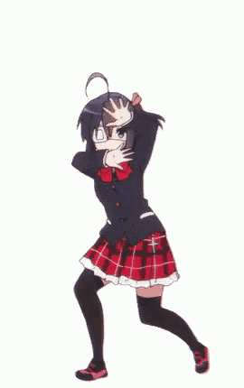 the girl is wearing glasses and a plaid skirt and is dancing .