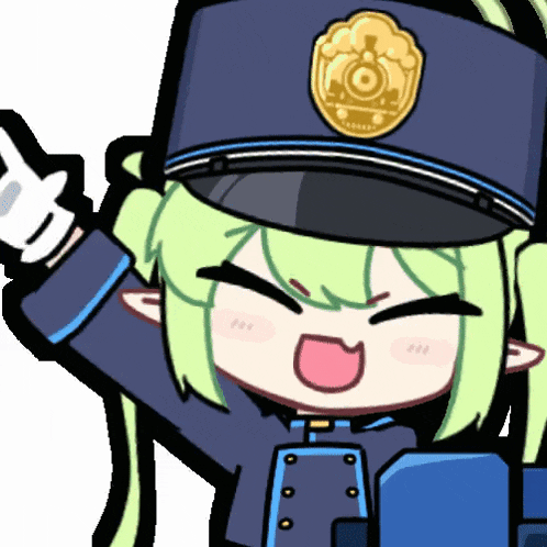 a cartoon character with green hair wearing a police hat