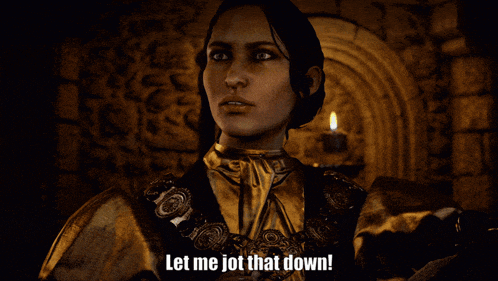 a woman in a dark room says let me jot that down