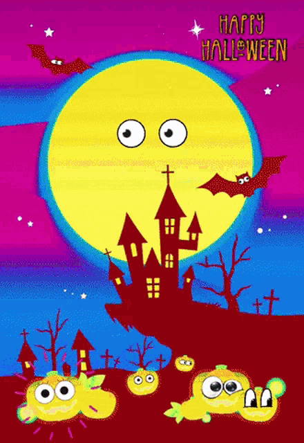 a halloween greeting card with a castle and pumpkins