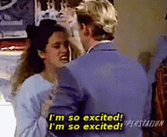 a man and a woman are standing next to each other and the man is saying i 'm so excited