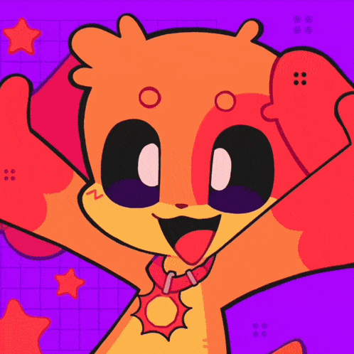 a cartoon drawing of an orange and yellow animal with a red collar