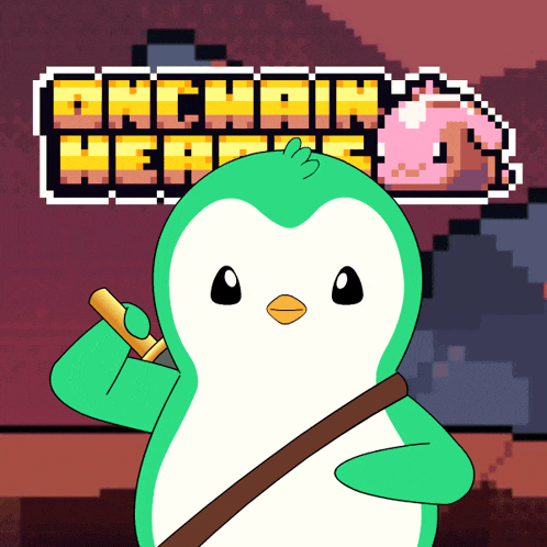 a penguin holding a stick in front of an advertisement for anchain hearts