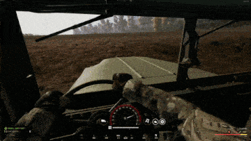a screenshot of a video game shows a person driving a jeep