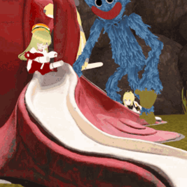 a little girl is going down a slide with a blue monster behind her