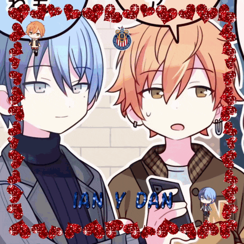 a picture of two anime characters with the name ian y can written in blue