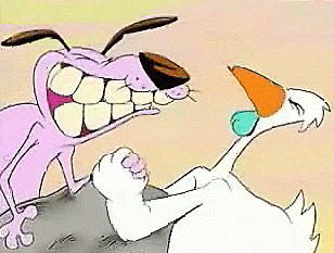 a cartoon of courage the cowardly dog standing next to a goose