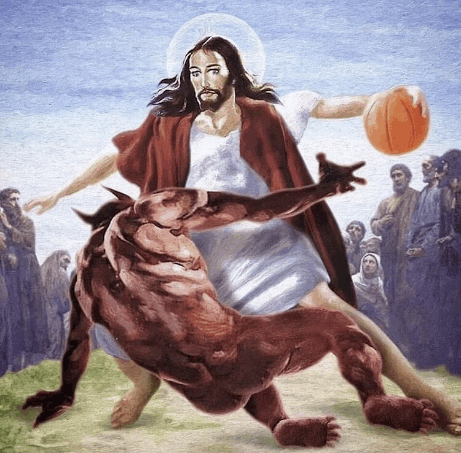 a painting of jesus holding a basketball and fighting a demon