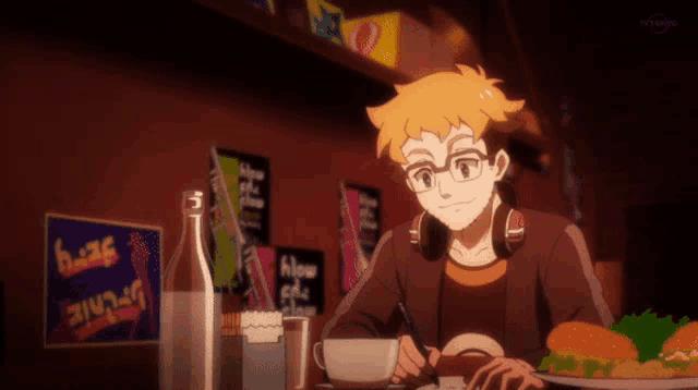 a cartoon character sits at a table with a plate of food and a sign that says " blow "