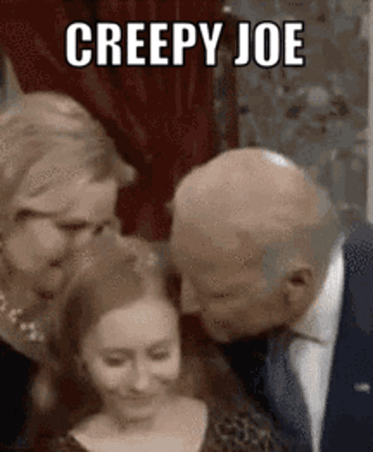 a man in a suit kissing a woman 's forehead with the words creepy joe below him