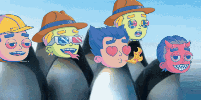 a group of cartoon characters are standing next to each other with one wearing a hat and sunglasses