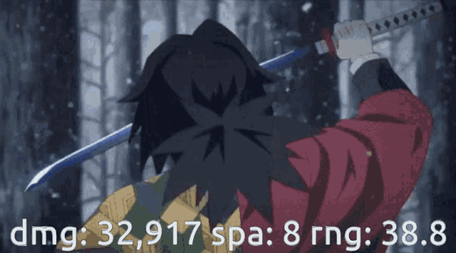 a cartoon of a man holding a sword with the words dmg 32,917 spa 8 rng 38.8 written below him