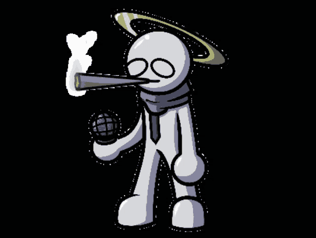 a cartoon character with an angel 's halo smoking a pipe and holding a microphone .